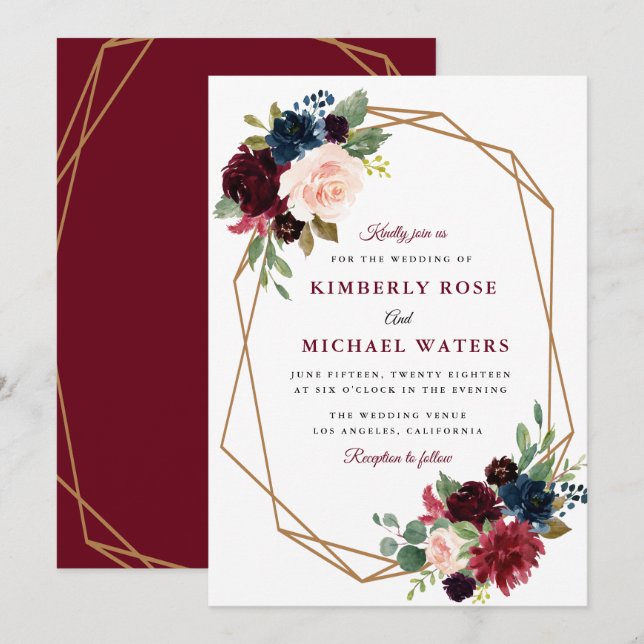 Invitación boda geométrico floral burdeos (Anverso / Reverso)