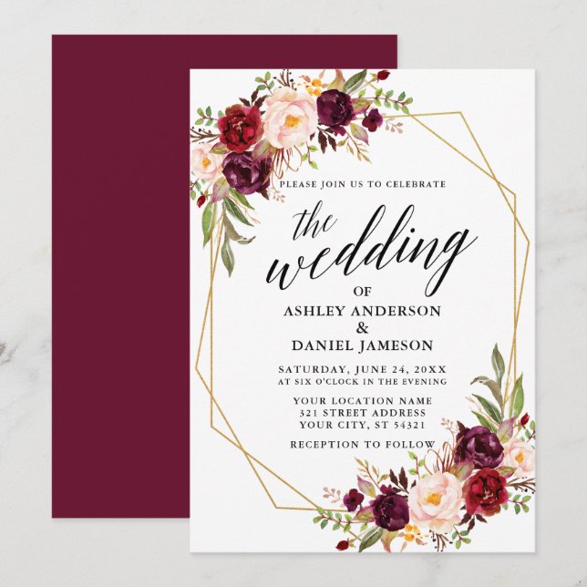 Invitación Boda Geométrico Floral Burgundy de caligrafía (Anverso / Reverso)