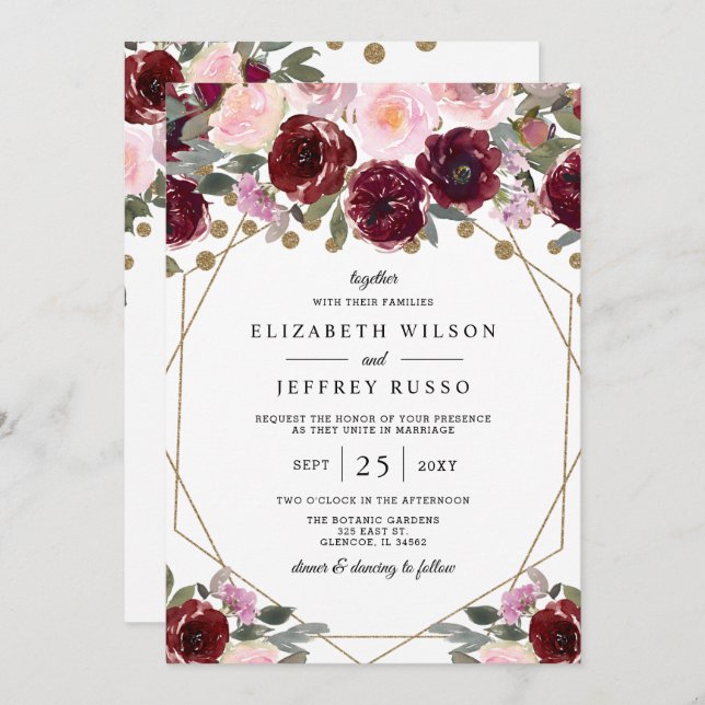 Invitación Boda Geométrico Floral Burgundy Rubor Gold (Anverso / Reverso)