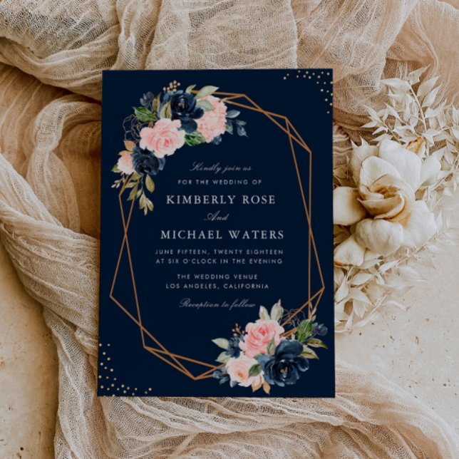 Invitación Boda geométrico floral de acuarela marina y de col (Subido por el creador)