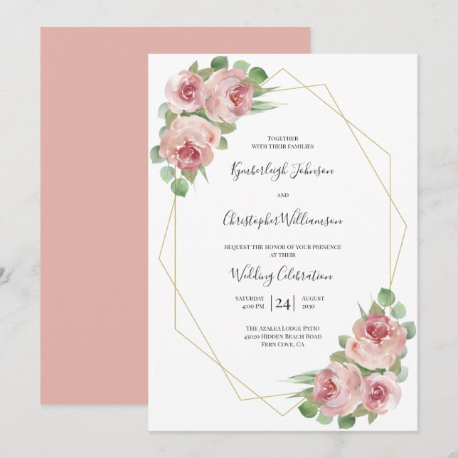 Invitación Boda geométrico floral de acuarela rosa y turbia (Anverso / Reverso)