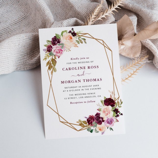 Invitación Boda geométrico floral de ciruela morada y melocot (Subido por el creador)