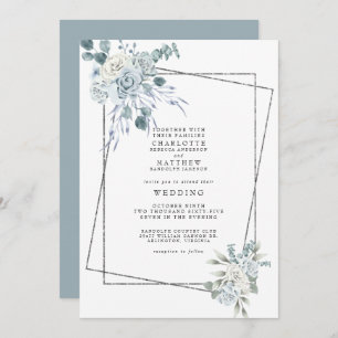 Invitación Boda geométrico floral de color azul turbio