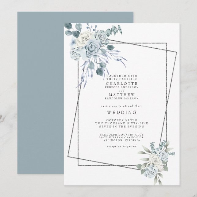 Invitación Boda geométrico floral de color azul turbio (Anverso / Reverso)