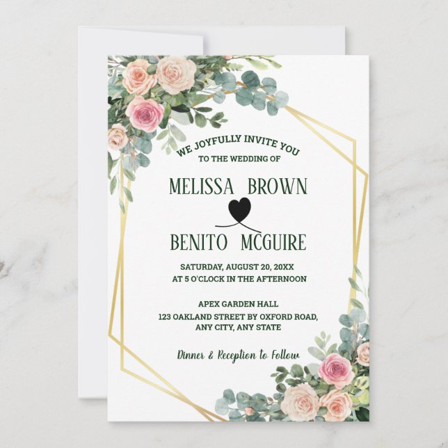 Invitación Boda Geométrico Floral de Eucalipto Rosa Rubor (Anverso)