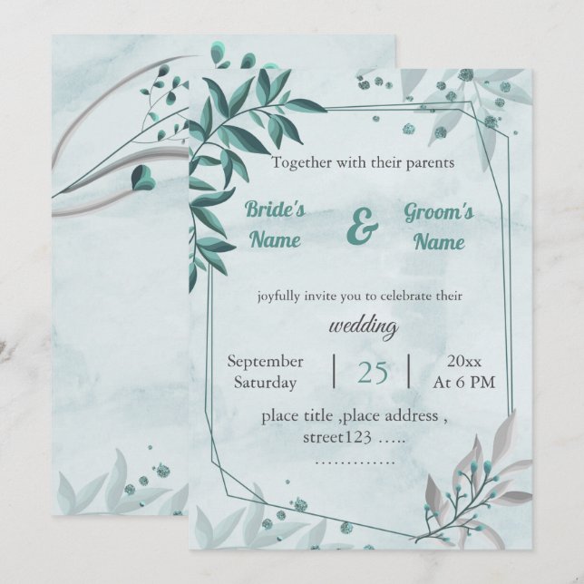 Invitación boda geométrico floral de hojas azules románticas (Anverso / Reverso)