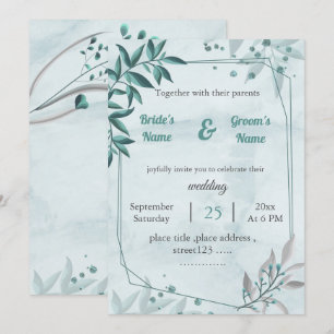 Invitación boda geométrico floral de hojas azules románticas