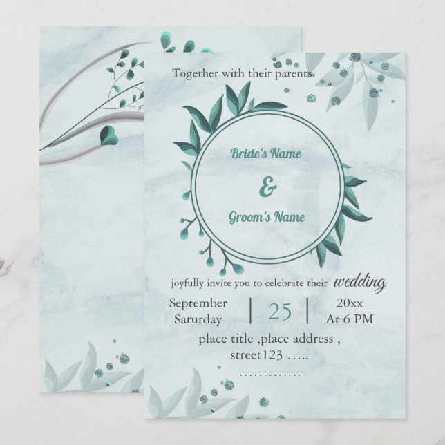 Invitación boda geométrico floral de hojas azules románticas (Anverso / Reverso)