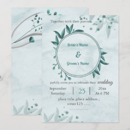 Invitación boda geométrico floral de hojas azules románticas
