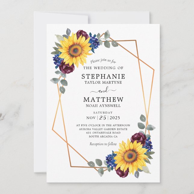 Invitación Boda geométrico floral de la Marina Borgoña de Gir (Anverso)