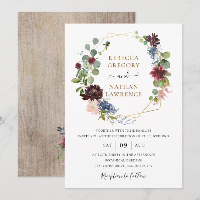 Invitación Boda Geométrico Floral de la Marina Rusa de Borgoñ (Anverso / Reverso)