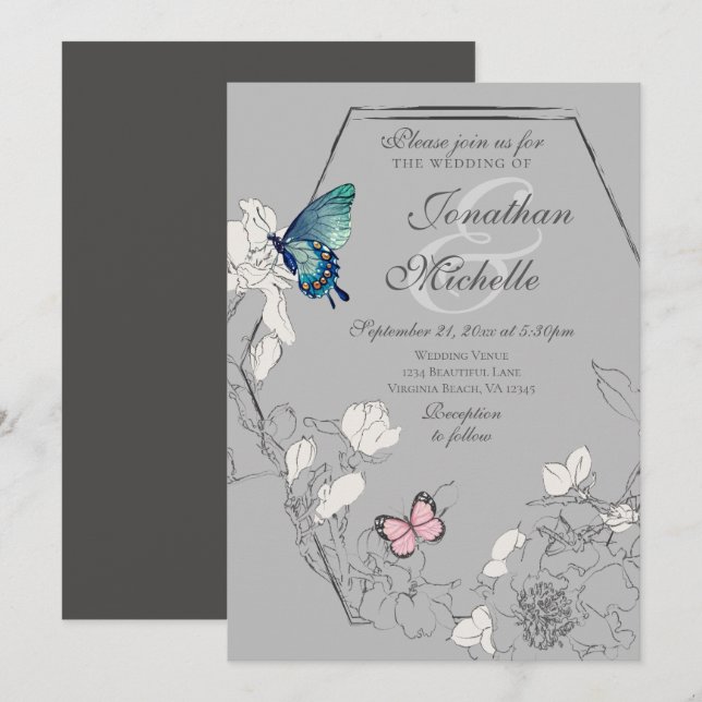Invitación Boda geométrico floral de mariposa acuarela (Anverso / Reverso)