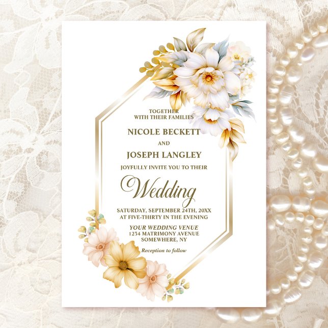 Invitación Boda geométrico floral de oro blanco (Subido por el creador)