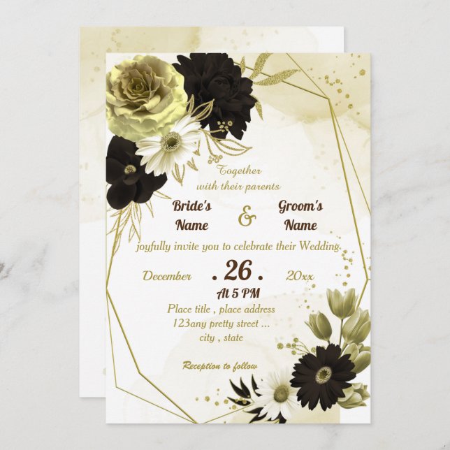 Invitación Boda geométrico floral de oro marrón asombroso (Anverso / Reverso)