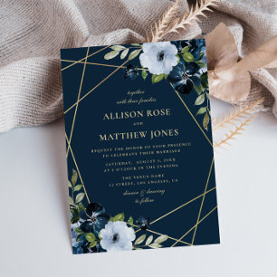 Invitación boda geométrico floral de oro y azul marino