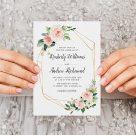Invitación boda geométrico floral de oro y rubor