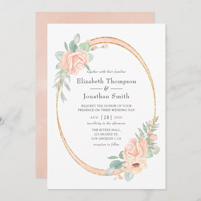 Invitación Boda Geométrico Floral de Pastel Rubor (Anverso / Reverso)