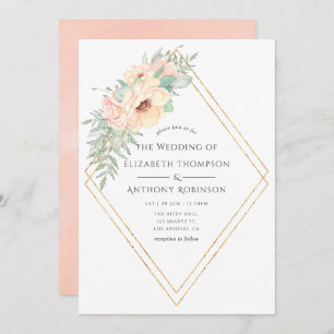 Invitación Boda Geométrico Floral de Pastel Rubor