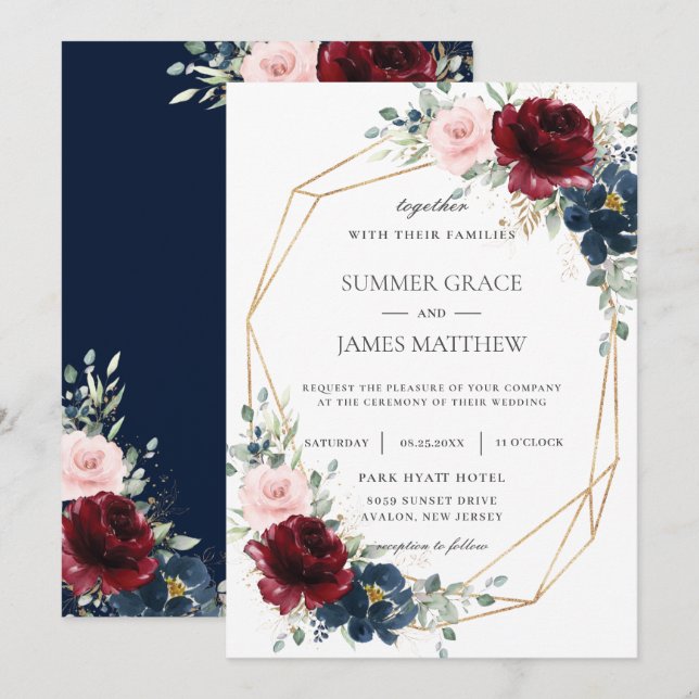 Invitación Boda geométrico floral de Rosas azules de Rubor de (Anverso / Reverso)