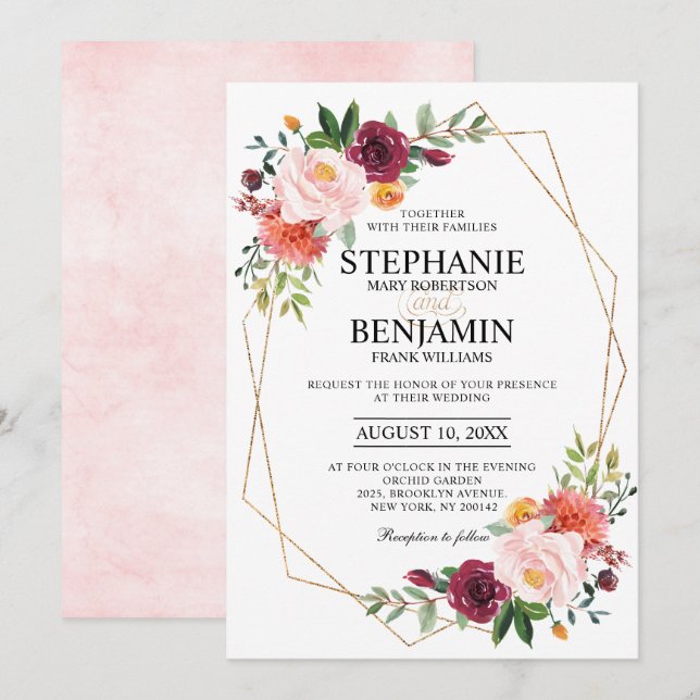 Invitación Boda geométrico floral de Rubor de Borgoña de otoñ (Anverso / Reverso)