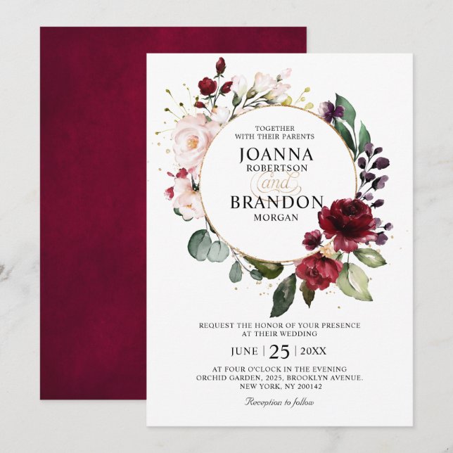 Invitación Boda geométrico floral de Rubor de Borgoña Románti (Anverso / Reverso)