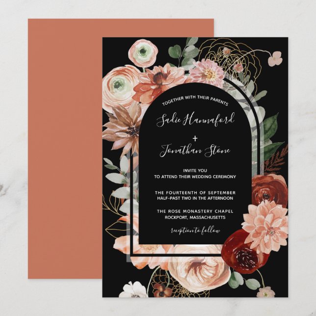Invitación Boda Geométrico Floral De Terracotta Rosa Rubor In (Anverso / Reverso)