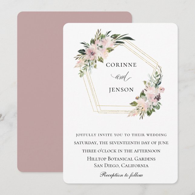 Invitación Boda Geométrico Floral Dusty Mauve (Anverso / Reverso)