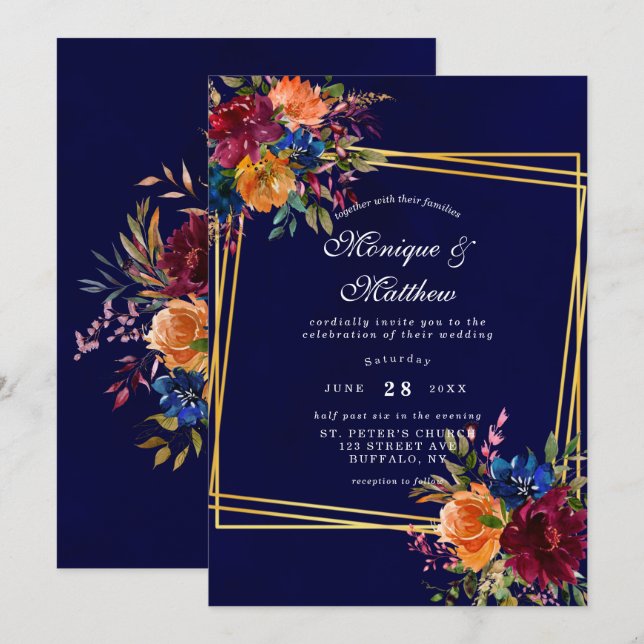 Invitación Boda Geométrico Floral Gold de Navy Marsala Naranj (Anverso / Reverso)