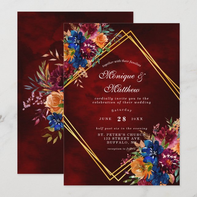 Invitación Boda Geométrico Floral Gold de Navy Marsala Naranj (Anverso / Reverso)