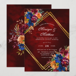 Invitación Boda Geométrico Floral Gold de Navy Marsala Naranj