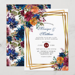 Invitación Boda Geométrico Floral Gold de Navy Marsala Naranj