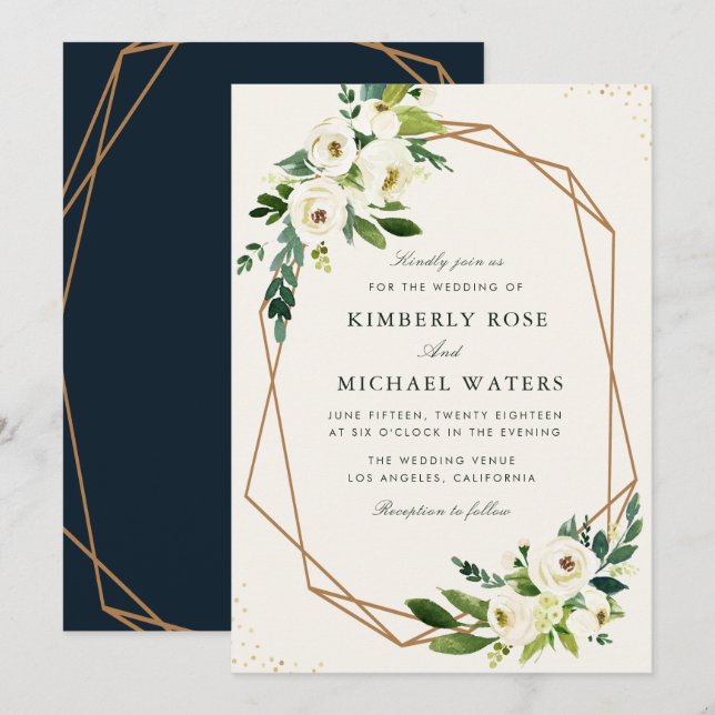 Invitación Boda geométrico floral marfil-blanco (Anverso / Reverso)