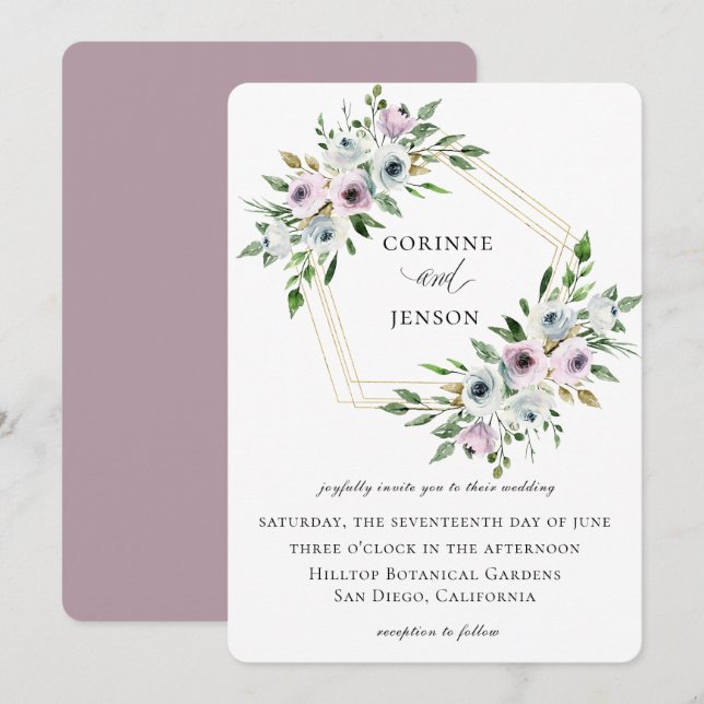 Invitación Boda Geométrico Floral Mauve (Anverso / Reverso)
