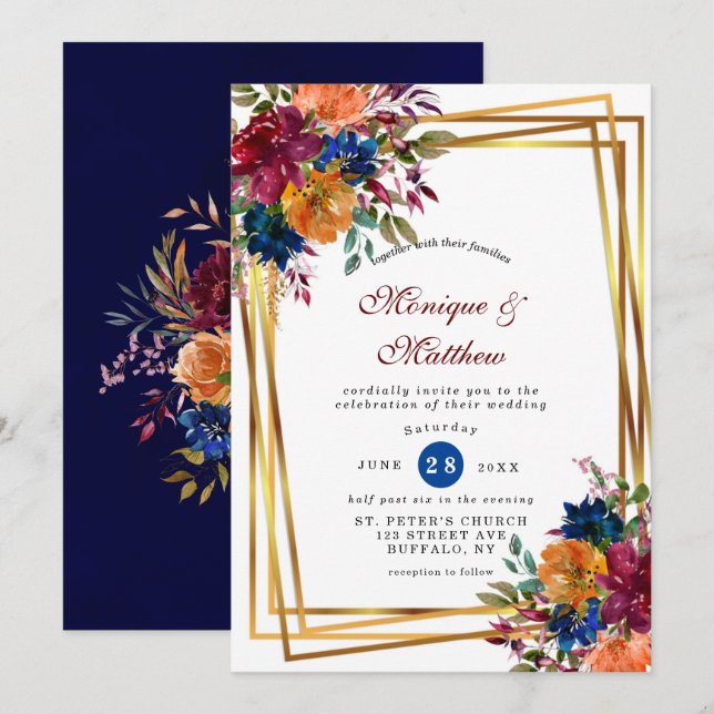 Invitación Boda Geométrico Floral Naranja de Navy Marsala (Anverso / Reverso)