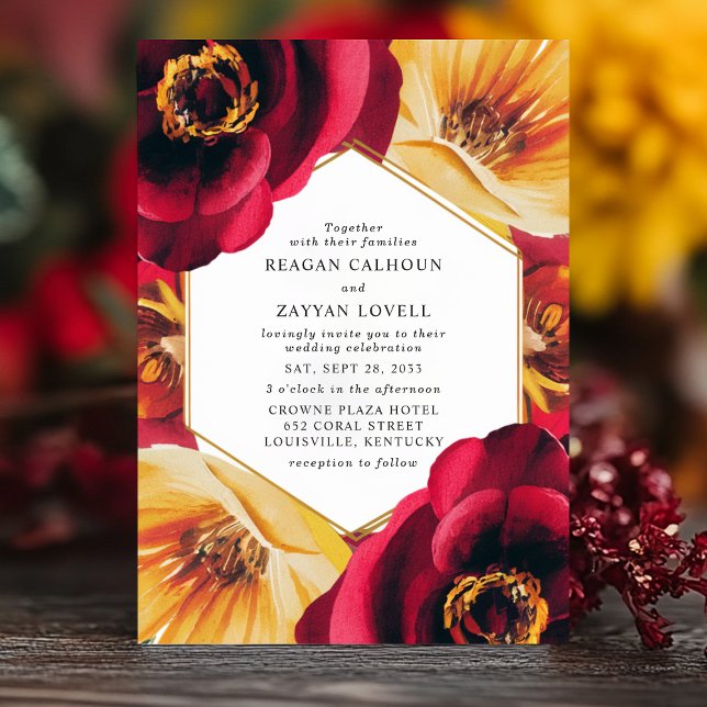 Invitación Boda geométrico floral negrita rojo y amarillo (Subido por el creador)