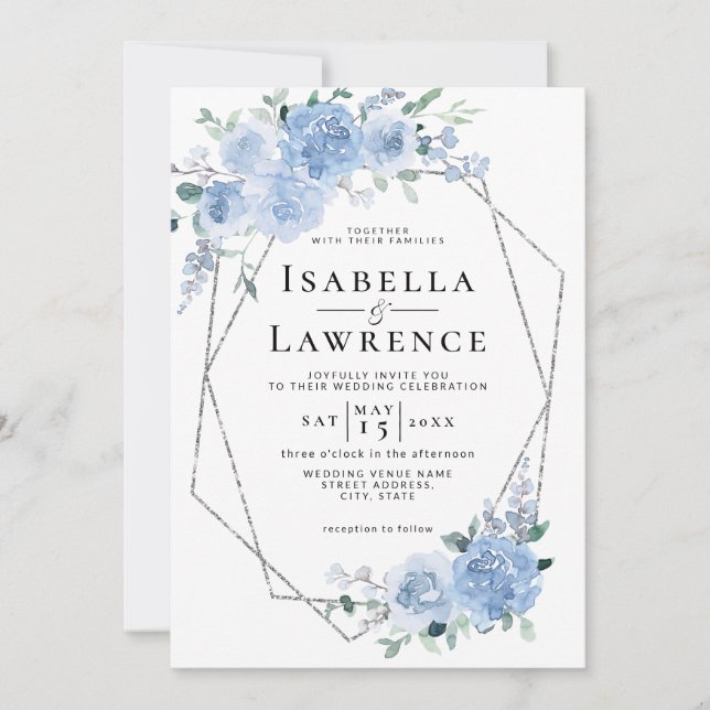 Invitación Boda Geométrico Floral Plata de Luz Azul Dusto (Anverso)