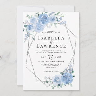 Invitación Boda Geométrico Floral Plata de Luz Azul Dusto