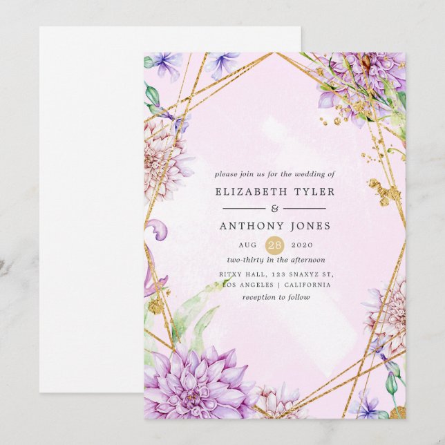 Invitación Boda Geométrico Floral Purple and Gold (Anverso / Reverso)