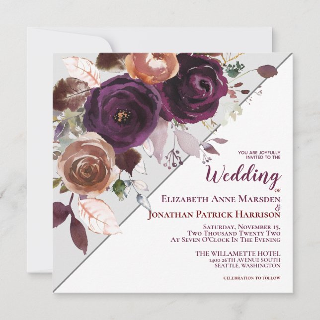 Invitación Boda Geométrico Floral Purple Champagne Fall (Anverso)