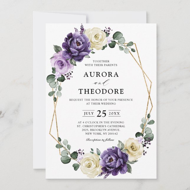 Invitación Boda Geométrico Floral Purple Plum Ivory Gold (Anverso)