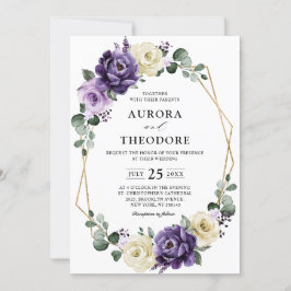 Invitación Boda Geométrico Floral Purple Plum Ivory Gold