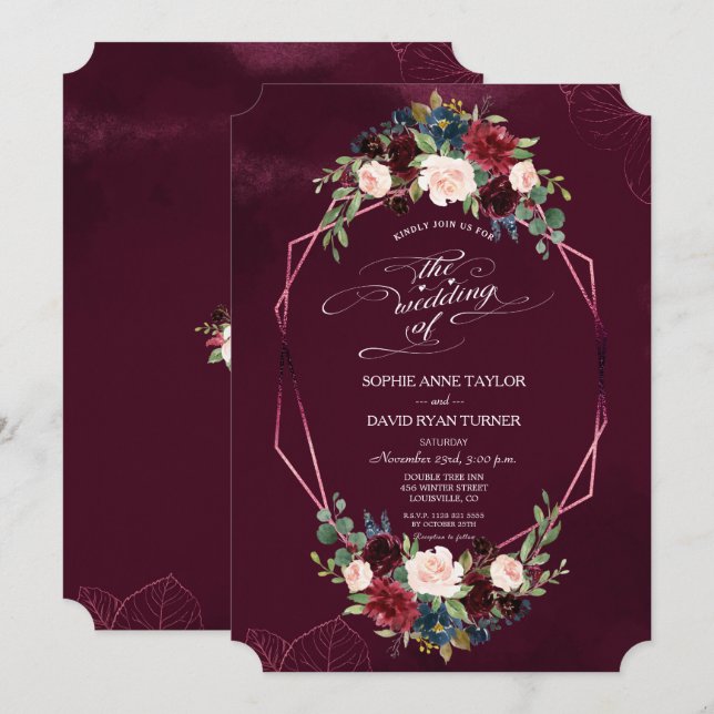 Invitación Boda Geométrico Floral Real de Borgoña (Anverso / Reverso)