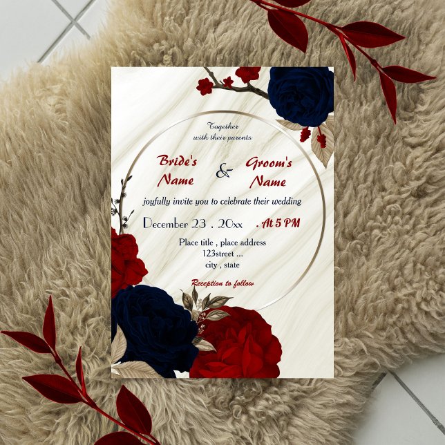Invitación boda geométrico floral rojo y azul marino (Subido por el creador)