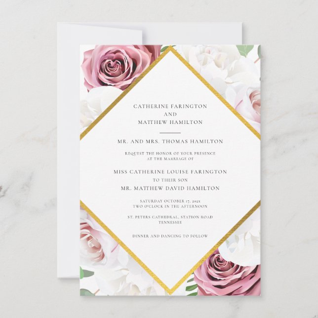 Invitación Boda Geométrico Floral Rosa (Anverso)