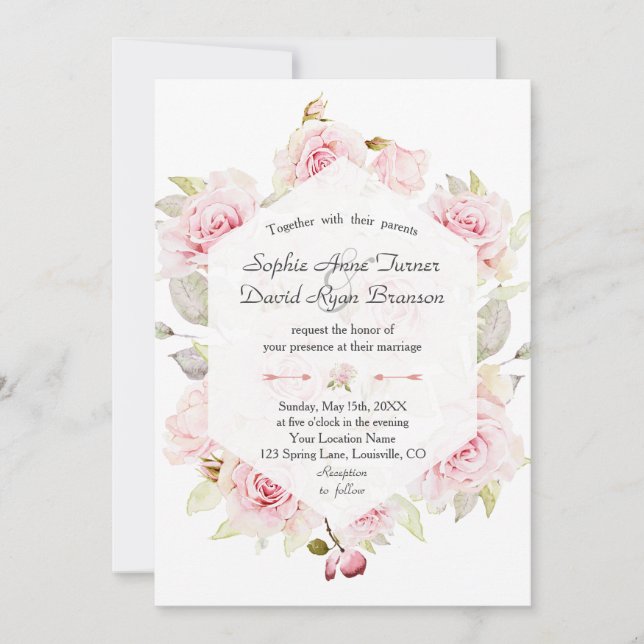 Invitación Boda Geométrico Floral Rosa Rubor bonito (Anverso)