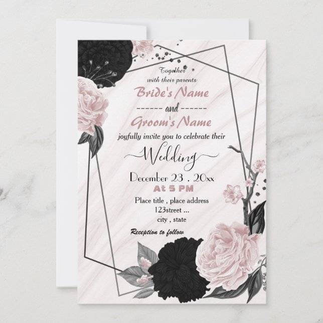 Invitación boda geométrico floral rosa y negro suave (Anverso)