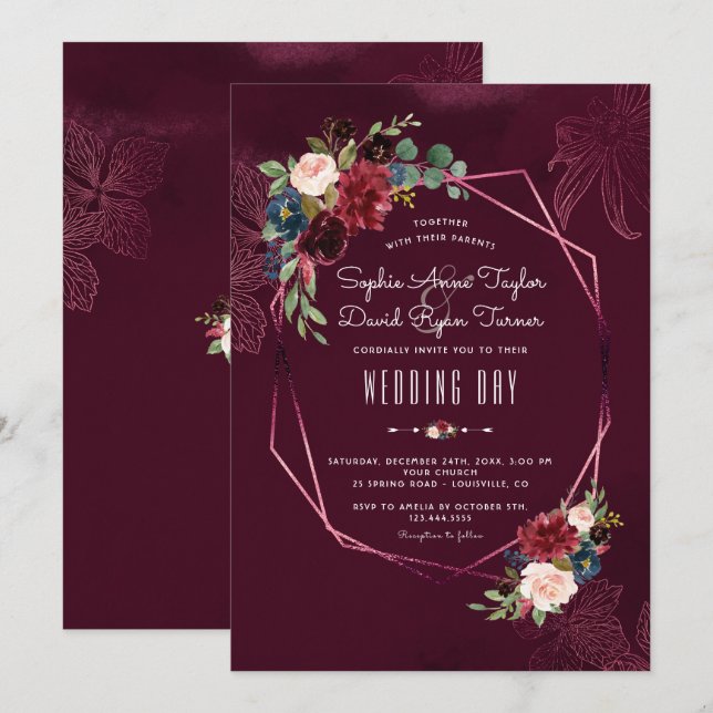 Invitación Boda Geométrico Floral Royal Burgundy Rubor (Anverso / Reverso)