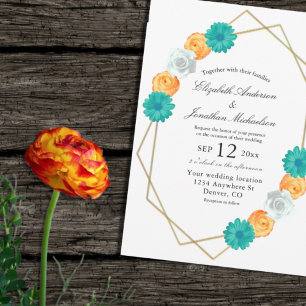 Invitación Boda geométrico floral Verde azulado naranja