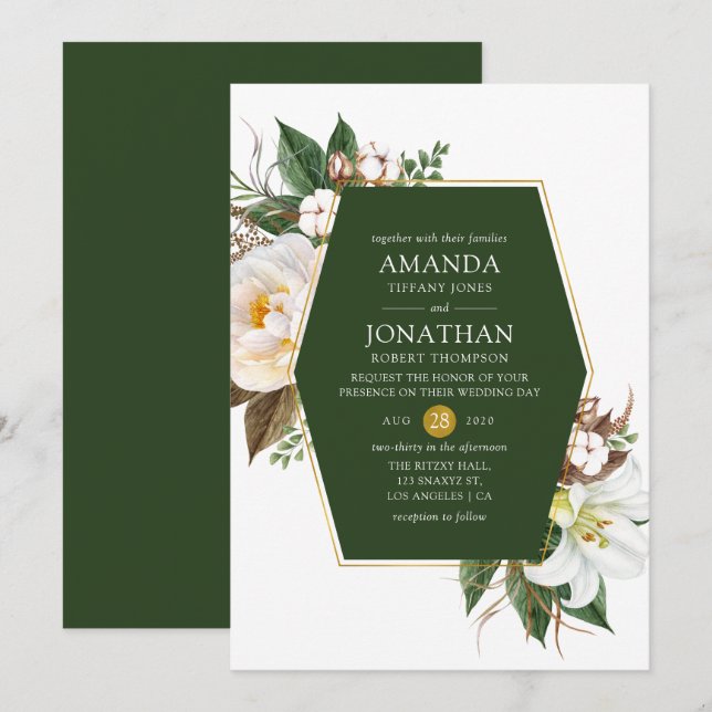 Invitación Boda geométrico floral verde oscuro y dorado (Anverso / Reverso)