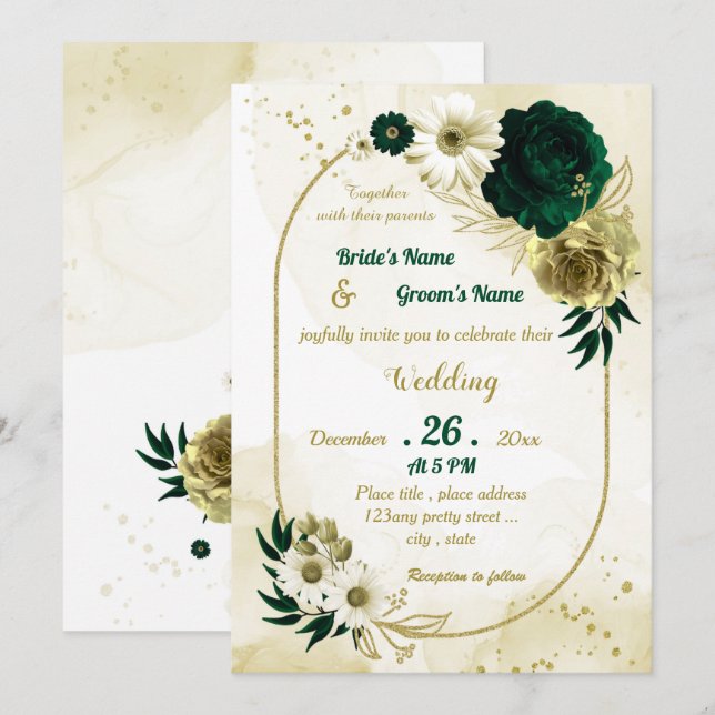 Invitación Boda geométrico floreado de oro de marfil verde es (Anverso / Reverso)